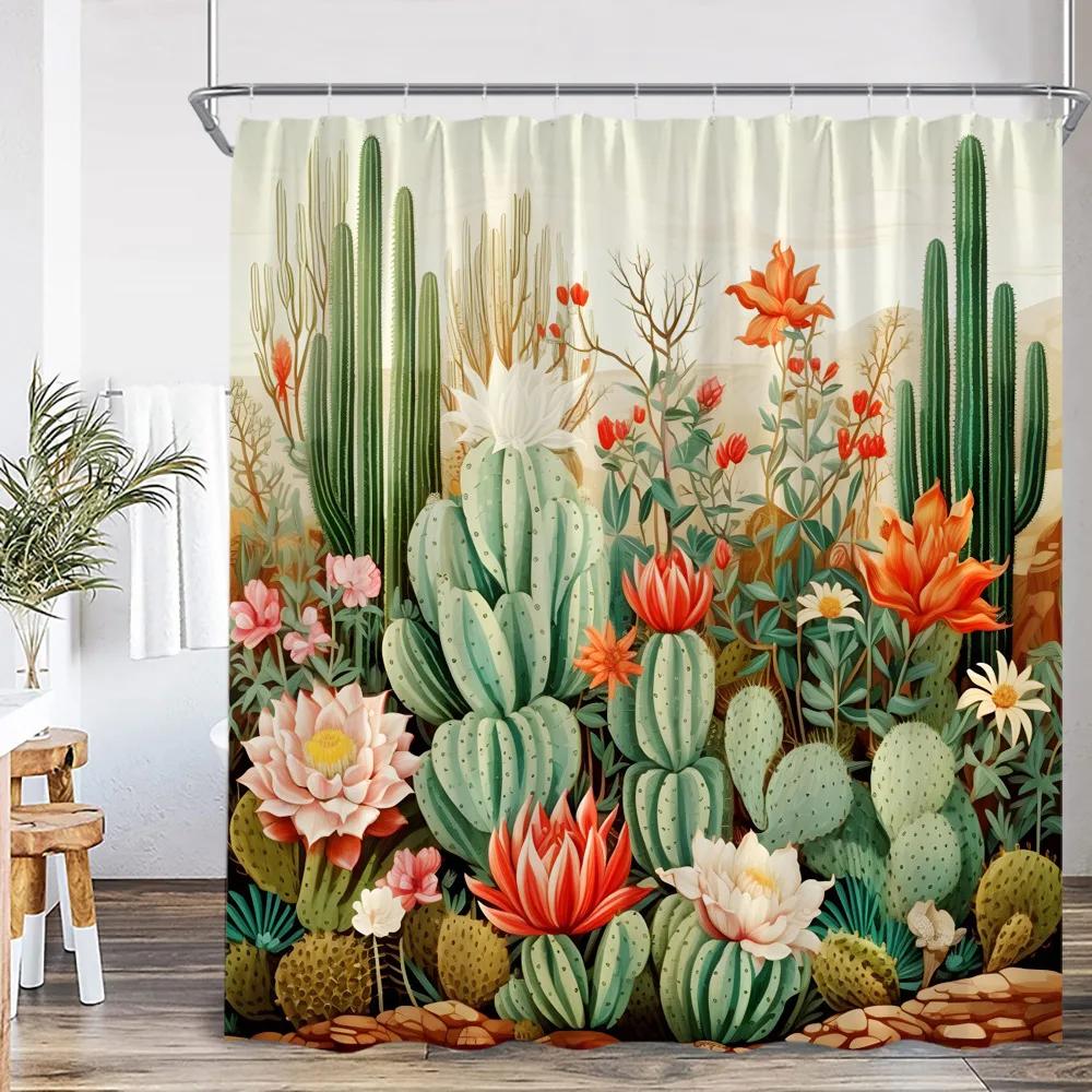 Cactus Cartoon Shower Curtain Desert Green Plant Watercolor Boho Vintage Bathtub Curtain with Hook Home Decorations for Bathro