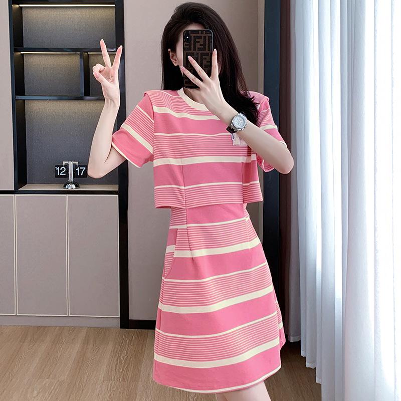 

Летнее полосатое платье-футболка миди с короткими рукавами и дизайном «два в одном» XL
