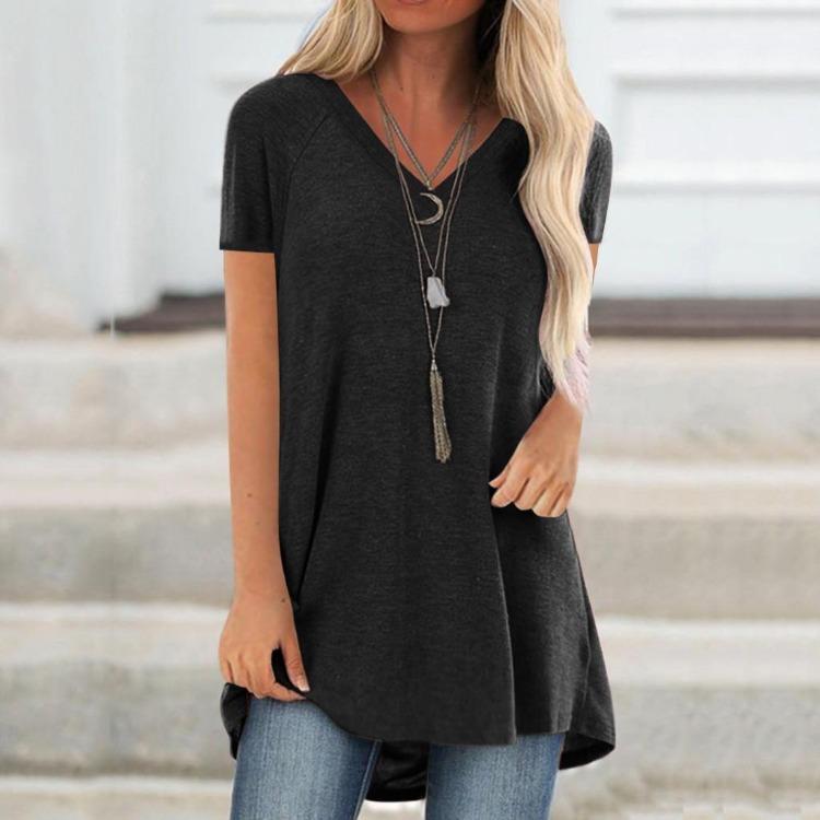 Übergröße Damenmode V-Ausschnitt Ramidos Print Kurzarm Langes T-Shirt Bluse