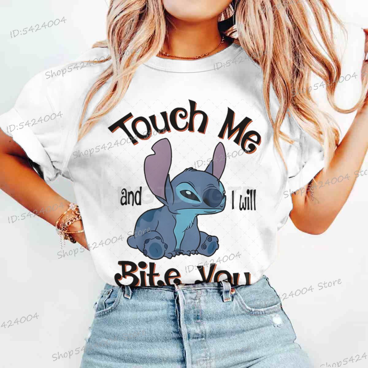 Cartoon Stitch Touch Me and I Will Bite You Print T Shirt Women Men Crewneck Unisex Fashion Tshirt S