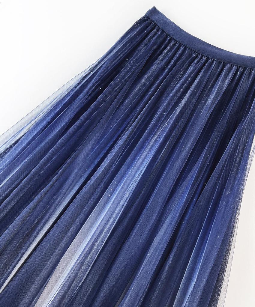 Women's Starry Sky Gradient Pleated Mesh Skirt 2026: Fashionable Slimming Long Skirt with Large Hem