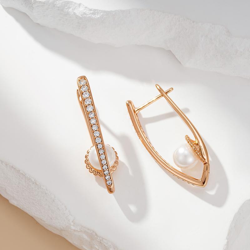 Luxury Long V Shape Pearl Drop Earrings For Women Trendy Rose Gold Color Fine Wedding Easy Matching Daily Jewelry