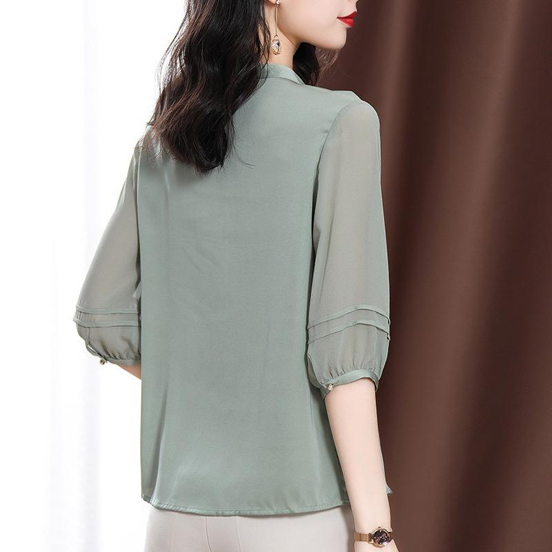 Chemise en Soie pour Femmes En Été Manches Courtes Hangzhou Nouveau Style Oreilles Noires Satin Chemise Ample Haut en Soie de Mûrier