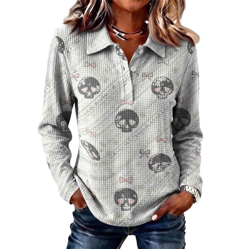 Women's Halloween Print Knit Long Sleeve Top with Lapel Collar