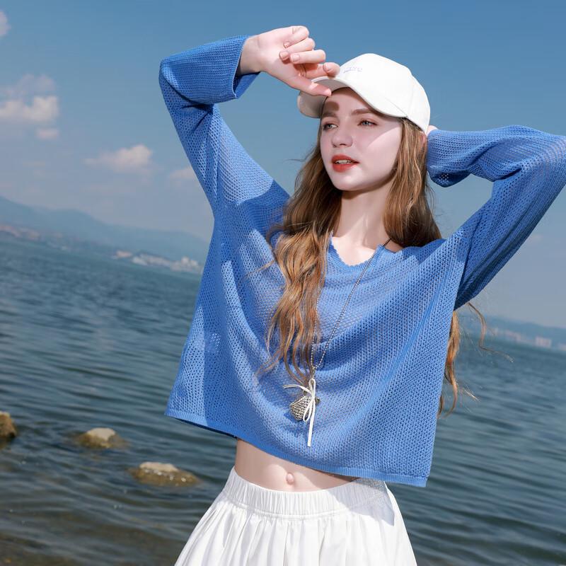 Sancai Women's V-Neck Drop-Shoulder Hollow Knit Sweater