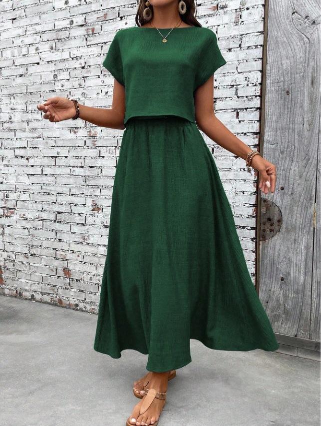 2026 summer fashion casual European and American cross-border 2-piece set women's solid color short-sleeved top and casual A-shaped skirt set