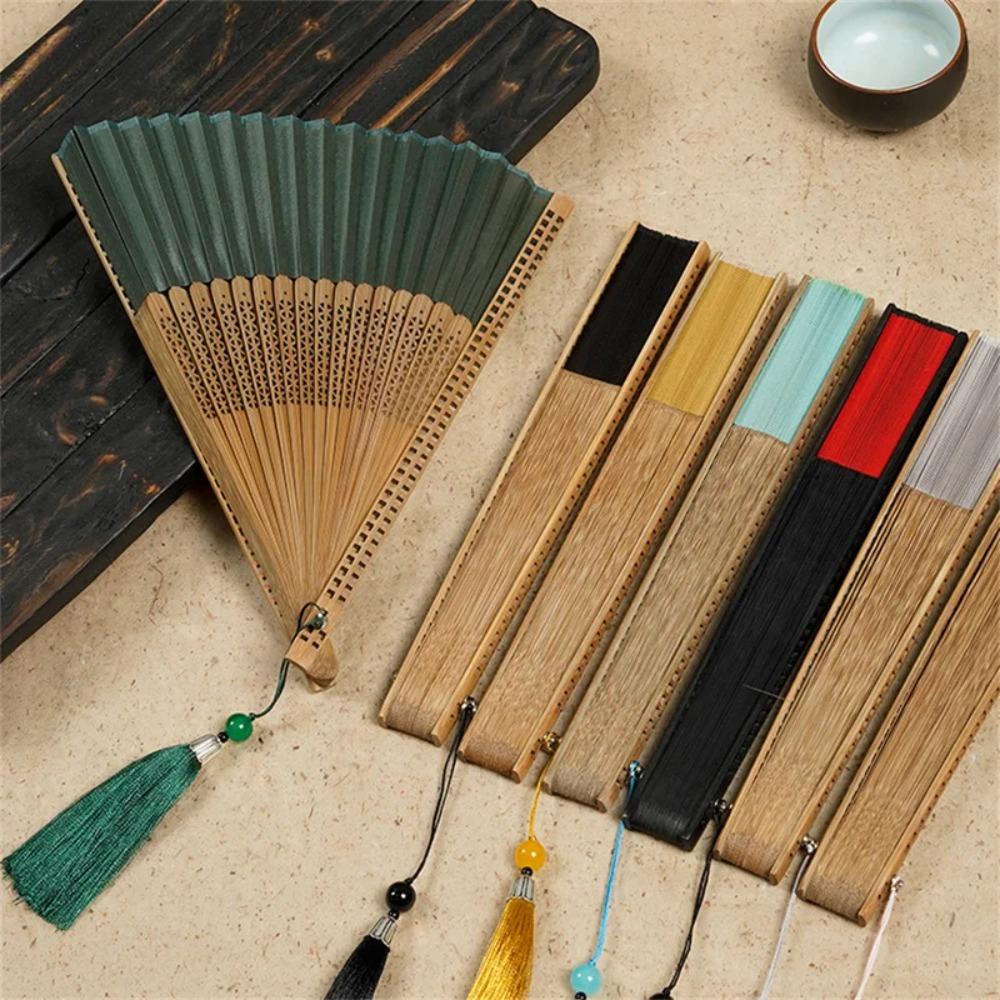 With Tassel Chinese Folding Fan Retro Antiquity Folding Fans Carved Bamboo Folding Fan  Ladies