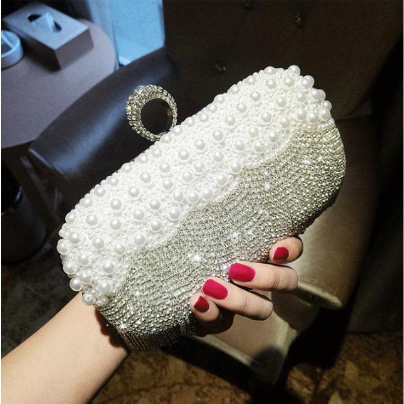 Retro pearl fringed small bag, one shoulder oblique span bag, diamond-encrusted banquet bag, dress cheongsam bag, celebrity dinner clutch bag