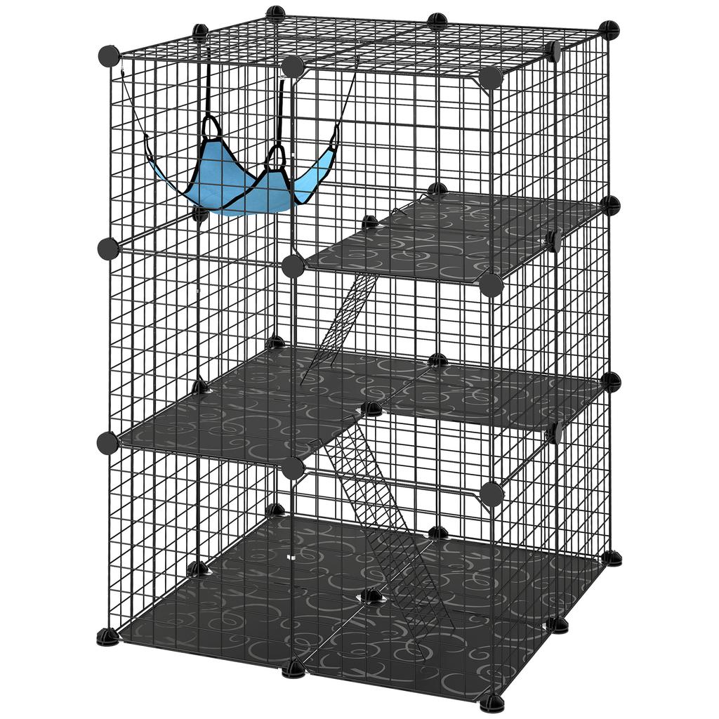 Indoor Cat Cage DIY Customizable 3-Tier Indoor Cat Enclosure with 3 Doors and Hammock 105 Cm Black