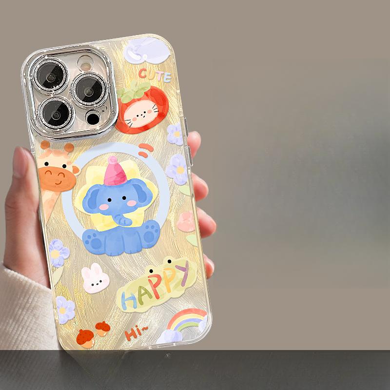 Cute Elephant Magnetic Stent for Apple 16promax Mobile Phone Case 15 Fine Hole Feather Yarn 13 Women's 14 Hard