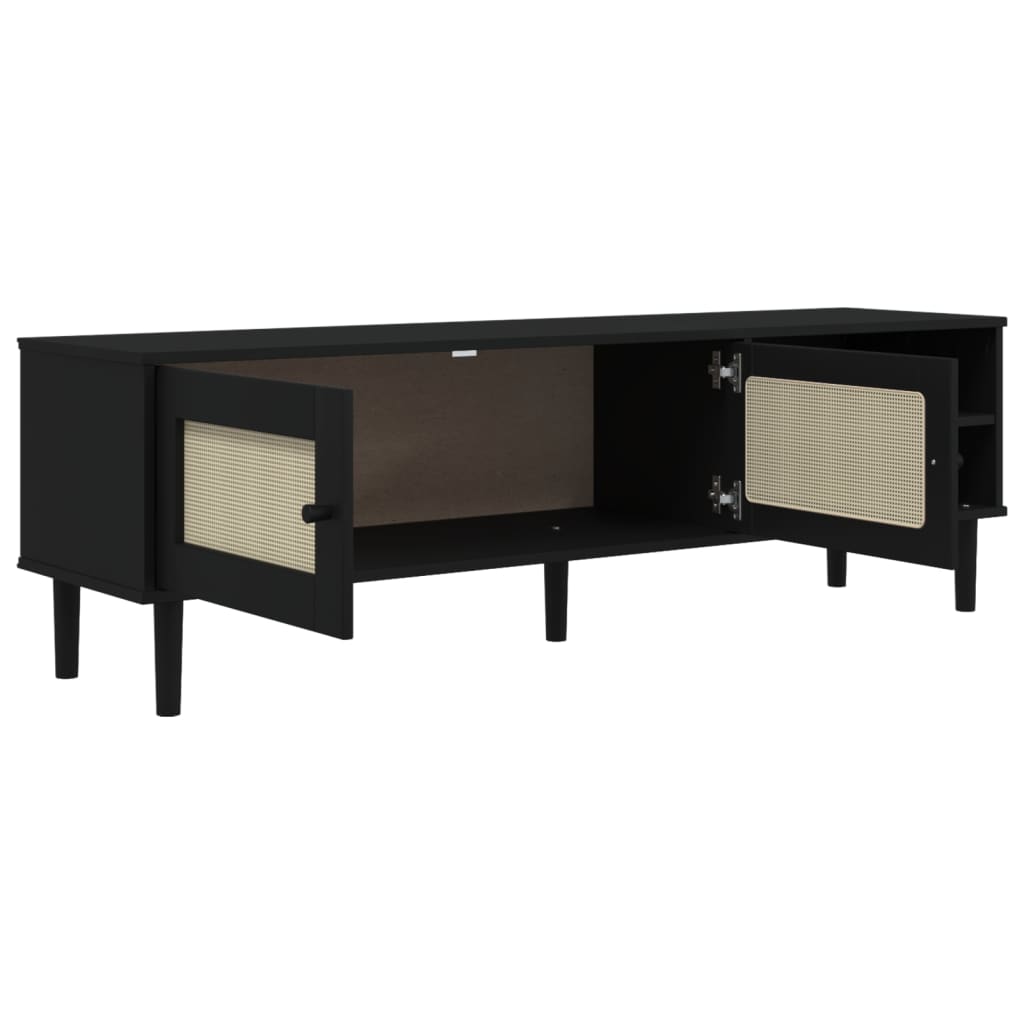 TV Stand SENJA Rattan Look Black 158x40x49cm Pine Wood