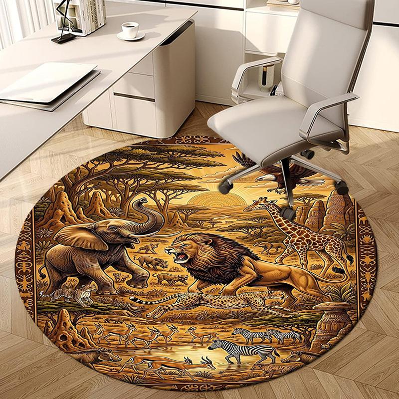 1PC African savannah animals Non-Slip Floor Round carpet, Office, family, bedroom, Large Area Rug Indoor Rugs,  Durable Polyester-L0426