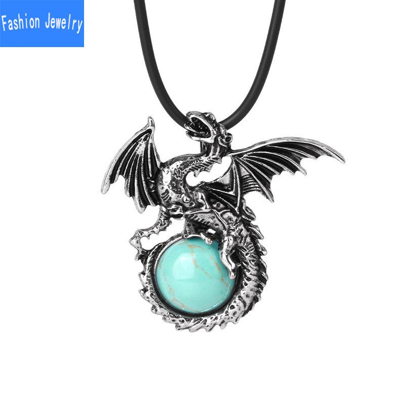 Men's Personalized Retro Viking Style Dragon Pendant Natural Crystal Obsidian Pterosaur Bead Crystal Necklace