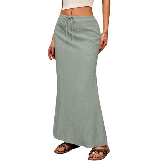 Maxi sukně v boho stylu s vysokým pasem, nastavitelnou stahovací šňůrkou, dlouhá sukně s rozparkem vzadu, jednobarevná, sukně pro office lady