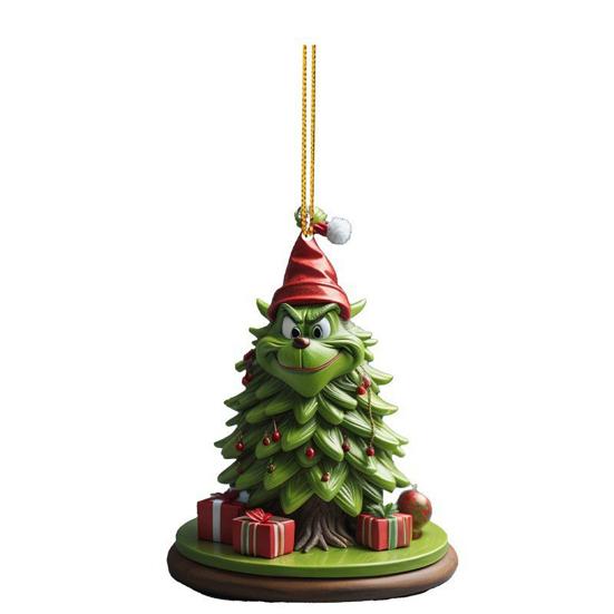 Green Elf Christmas Tree Ornament 2D Flat Acrylic Car Rear Mirror Charm Cartoon Elf Christmas Tree Hanging Pendant for Holiday Tree Window Wall Decor