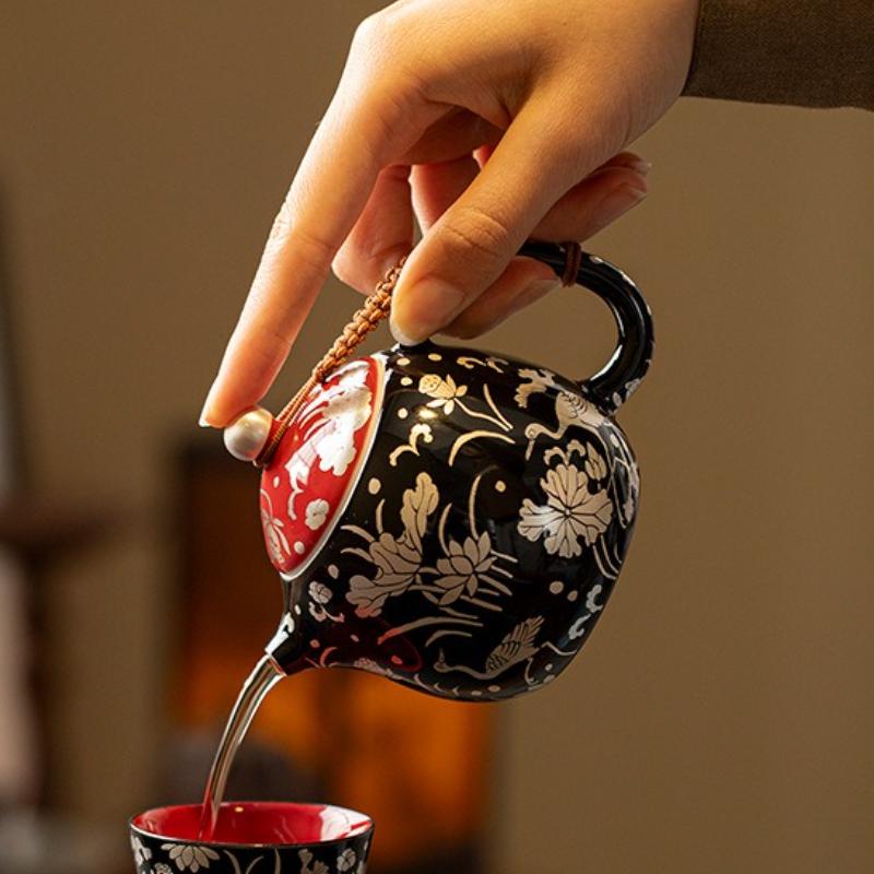 Black Glazed Silver Pattern Ceramic Sketch Pot KungFu TeaSet Household Ball Hole Filter Teapot A Heron Lotus Life Dragon Dan Pot