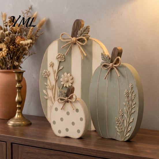Handcrafted Seasonal Home Decor 3Pcs Wildflower Pumpkin Figurines, Farmhouse Fall Tabletop Decor, Rustic Pumpkins with Indoor Thanksgiving Fireplace
