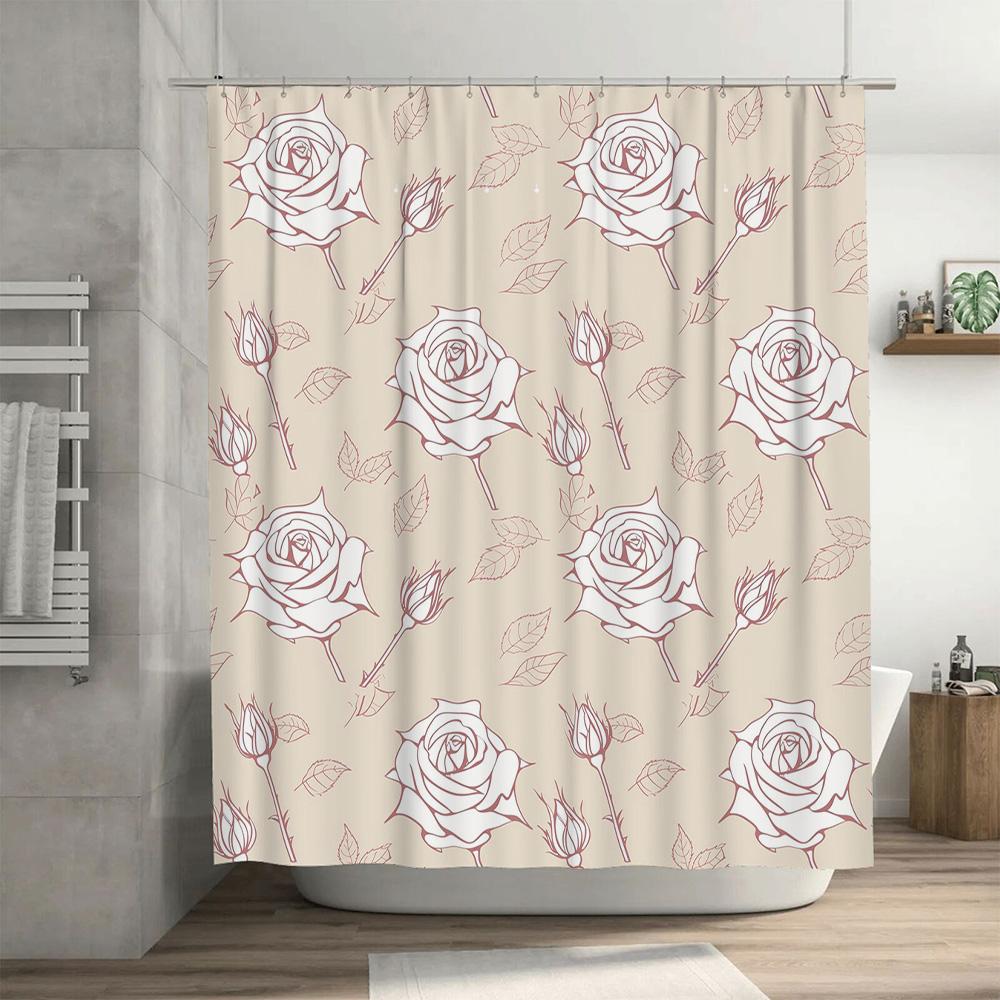 Vintage White Rose Pattern Shower Curtain Bathroom Decor Waterproof Home Supplies Pink Floral Design Polyester Fabric Water Repe