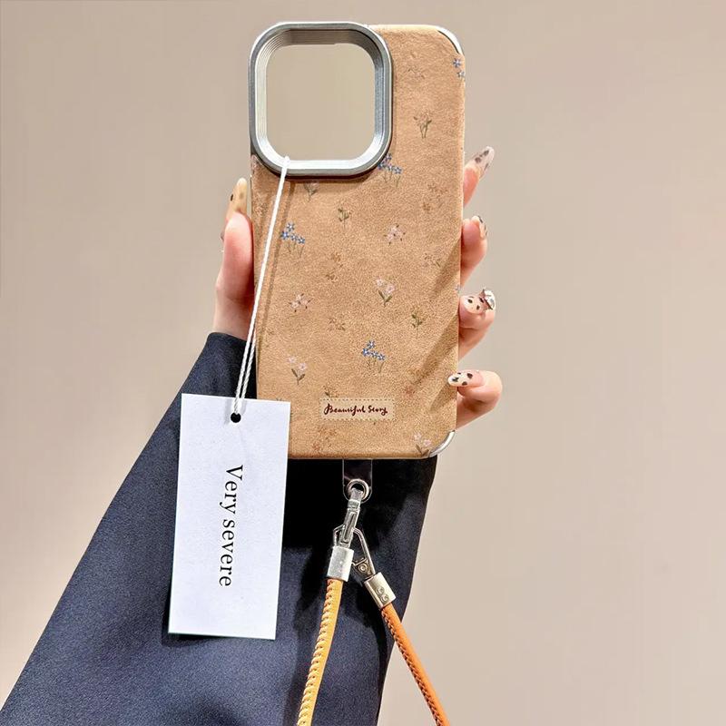 Autumn and Winter Brown Leather Small Floral Suitable for IPhone17promax Mobile Phone Case 15 14 Anti Fall 13 Lanyard
