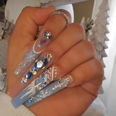 24Pcs Christmas Snowflake Glitter Blue French Tip Press On Nails With Diamonds Extra Long Acrylic False Nail Art Kit