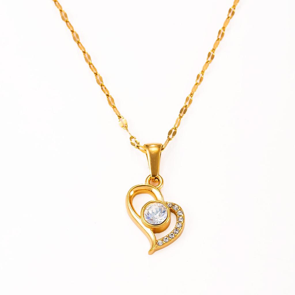 18K Gold Plated Heart Pendant Necklace with Diamonds, Stainless Steel, Colorfast Jewelry