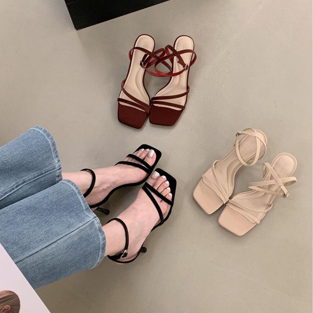 Women's French Style Black Stiletto Sandals - Summer 2025 Thin Strap Square Toe Design