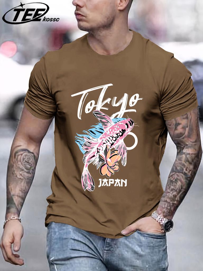 Tokyo Japan Flower Koi Print Men T Shirts Hip Hop AllMatch Short Sleeve Cotton Summer Clothes Casual Oversize Trendy Sportswear