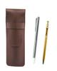 Leather Pencil Case with a Metal Pointer and a Slim Pen Set In Gold Chocolate-colored 60-ballpoint (SASTYO-701S-SV60KBP)