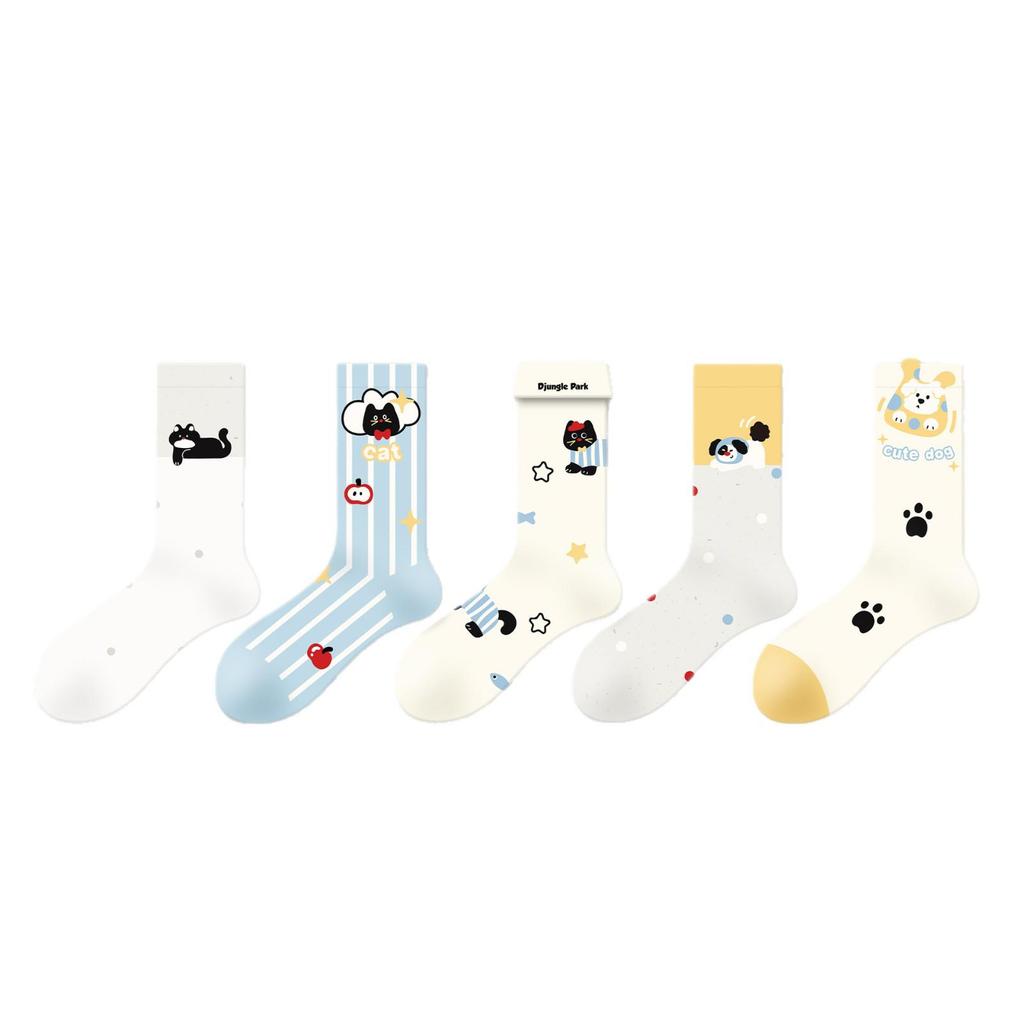 5 Paar Niedliche Kätzchen Japanische Cartoon Mid-Calf Socken - Atmungsaktiv, Vielseitiges Design für Damen, Perfekt für Frühling und Herbst