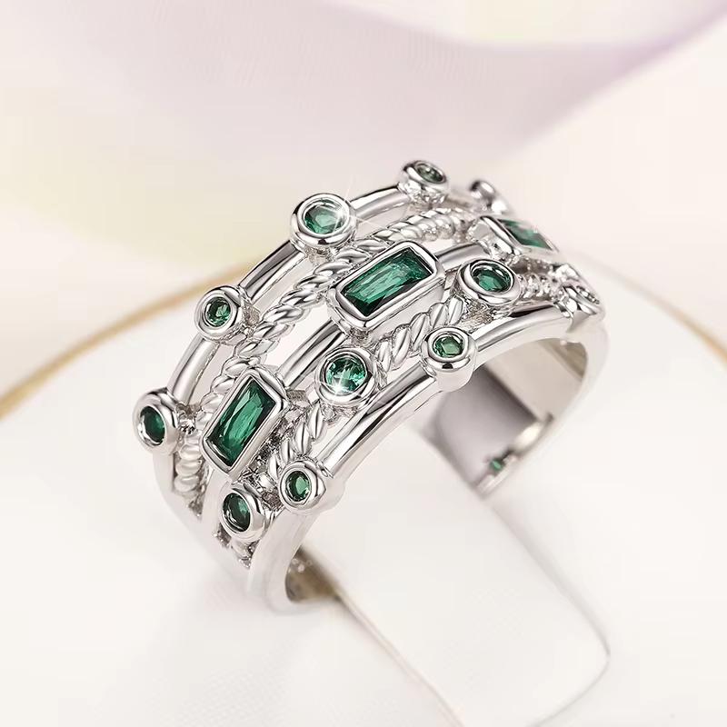 Huajie Elegant Women's Multi-layer Green Cubic Zirconia Stackable Set Ring Banquet Party Gift  Trend Tide