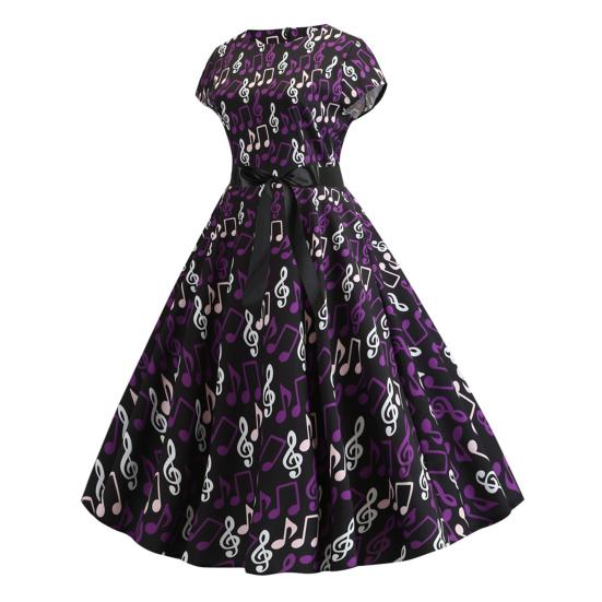 Damen-Kleid, Musik-Skala-Druck, Rundhalsausschnitt, Schleife, Gürtel, enge Taille, A-Linie, großer Saum, bunt, kurze Ärmel, Reißverschluss hinten, Damen-Midikleid