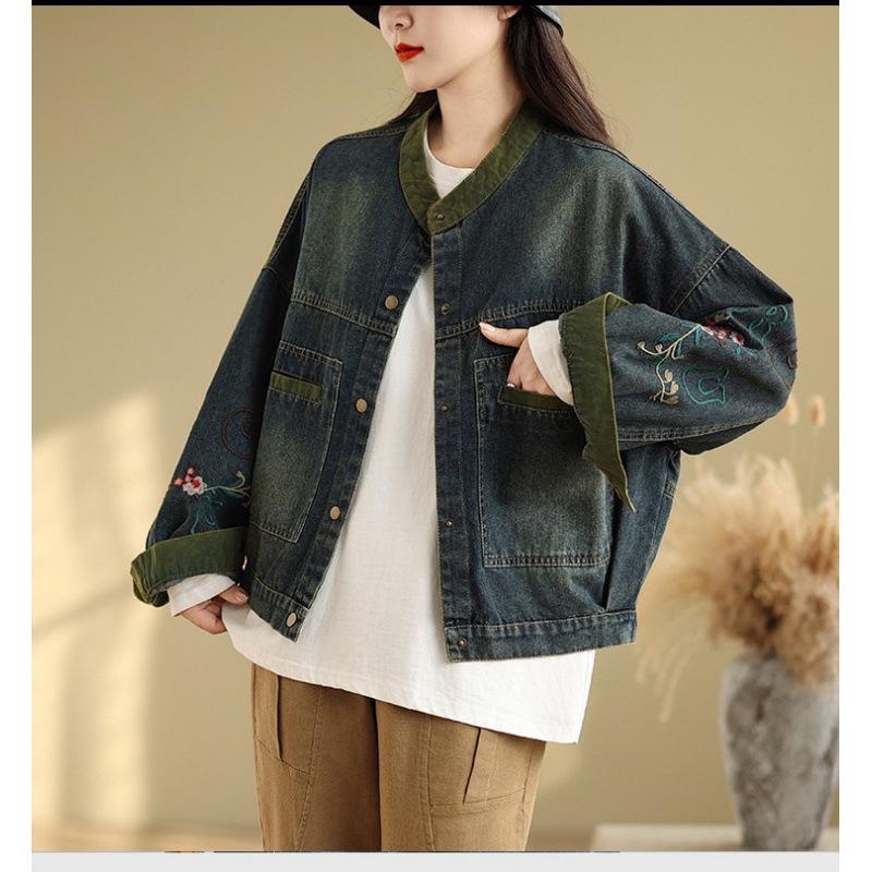 2024 Women's Loose Korean Style Embroidered Denim Jacket with Stand Collar and Long Sleeves