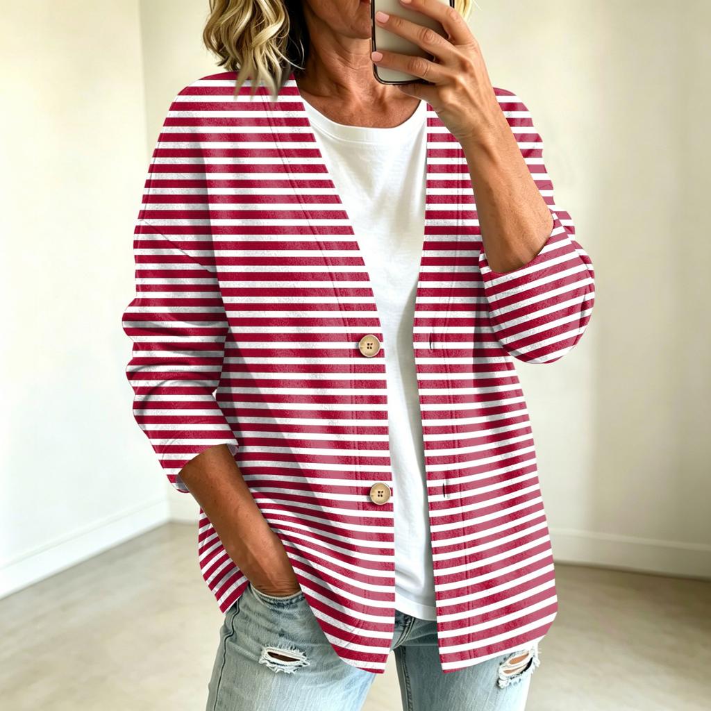Damen Casual Knopfleiste Gestreifte Print Jacke für den Alltag