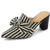 Allegra K Women's Striped Slide Mule Sandals with Bow Buckle, Pointed Toe, Block Heel, Black, Size 25.5cm
