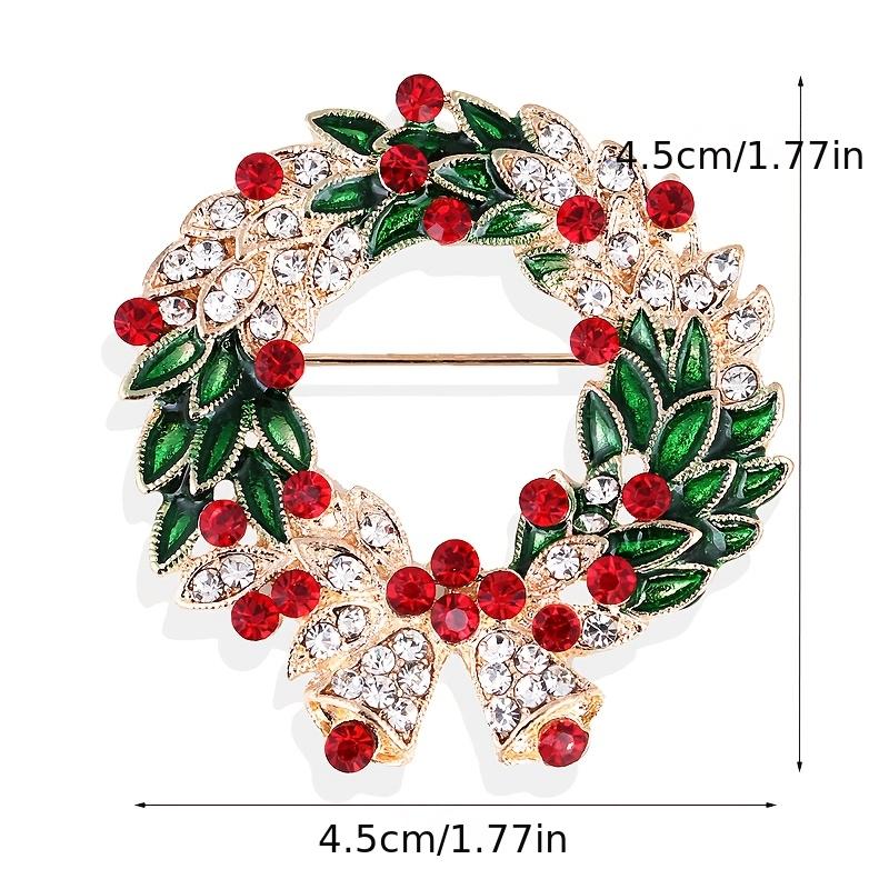 1pc Luxury Large Statement Wreath Brooch Pin -Elegant Red & Green Christmas Design with Golden-Tone Foliage,Clear -Adorned Leaf