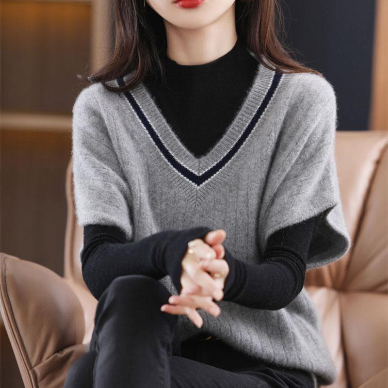 Toamnă Iarnă Vestă tricotată pentru femei, cu decolteu în V, largi, color-bloc, tricot, pulover fără mâneci