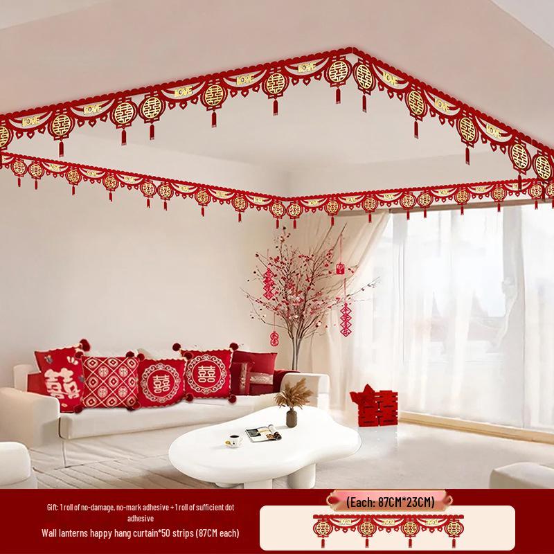 Wedding Room Decoration Set: Double Happiness Ceiling and Groom's Arrangement