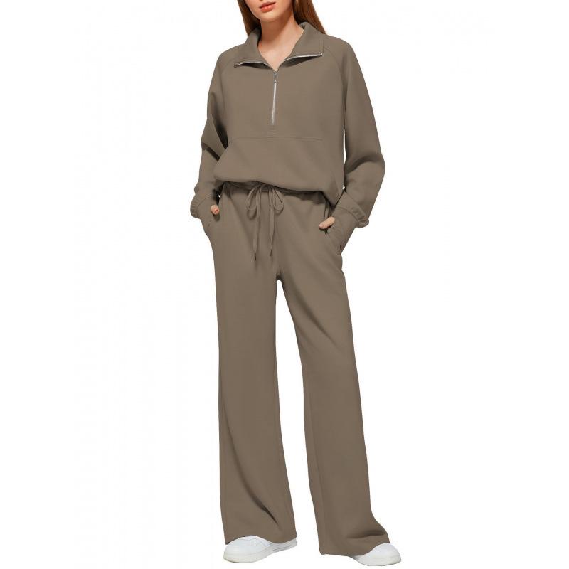 Women's Two-Piece Set: Zipper Sweatshirt & Wide-Leg Sweatpants Casual Outfit