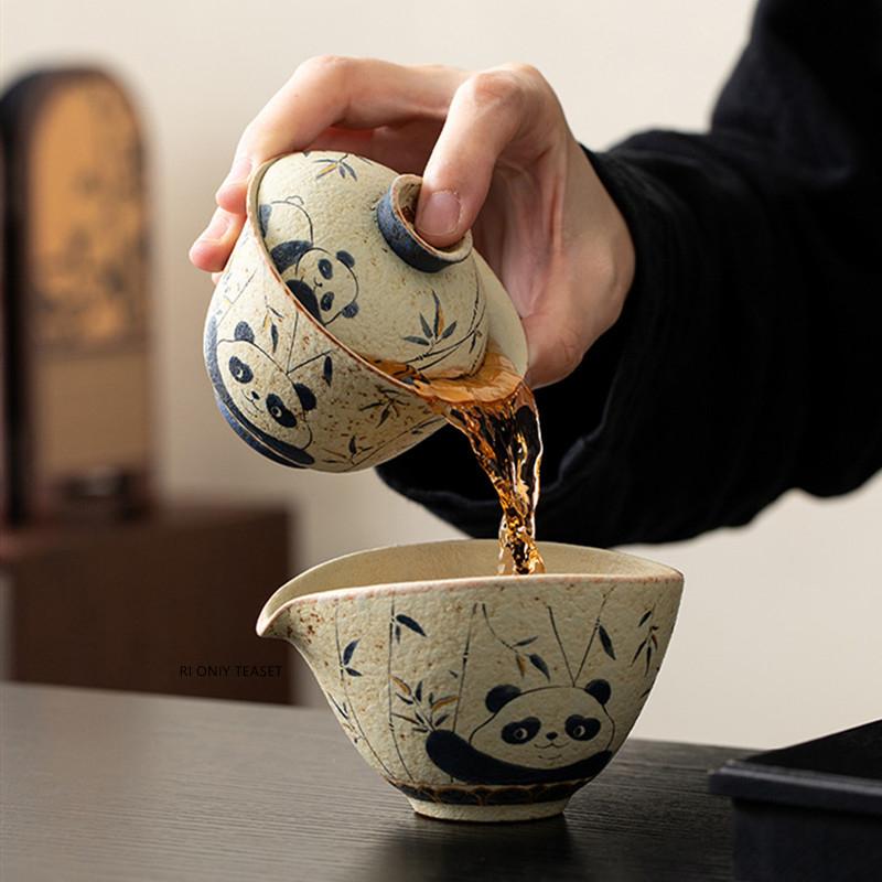 110ml Chinese Ceramic Gaiwan Handmade Panda Bamboo Leaf Tea Tureen Travel Portable Tea Bowl Household Teaware Accessories