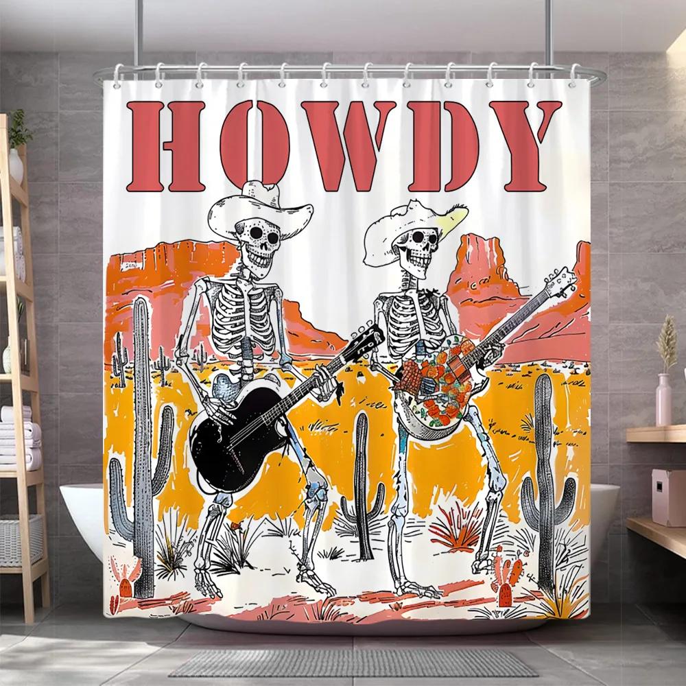 Vintage Western Schädel Gitarre Duschvorhang Lustiger Skelett Cowboy Howdy Gotisch Wilde Natur Wüste Duschvorhang Badezimmer Dekor