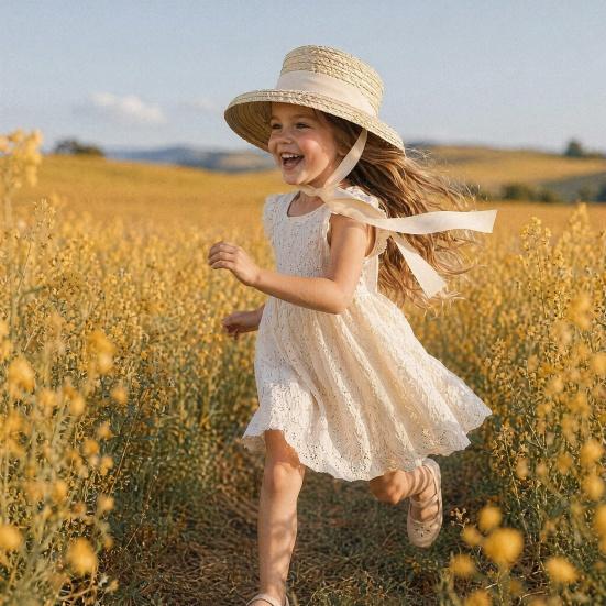 Children Straw Hat, Ribbon Bowknot Decor Wide Brim Beach Hat, Furry Trim Round Shape Summer Hat for Outdoor Play Travel
