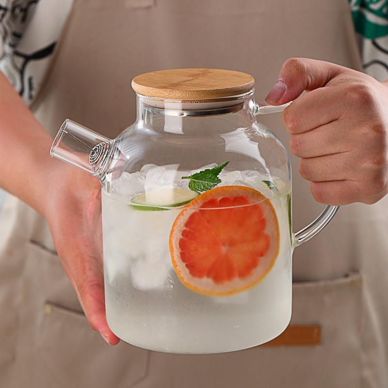 1/1.8L Transparent Glass Teapot with Bamboo Lid Heat-Resistant Glass Pitcher Thickened Glass Flower Tea pot Puer Kettle Office