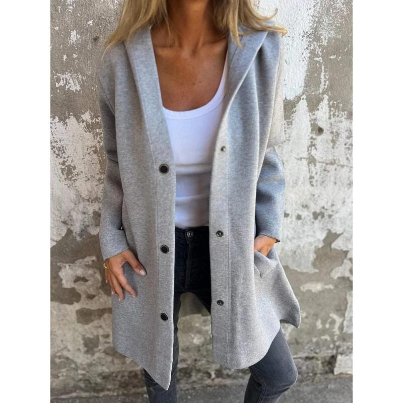 Womens Solid Color Hooded Single-Breasted Casual Jacket Winter Medium Weight Long Coat