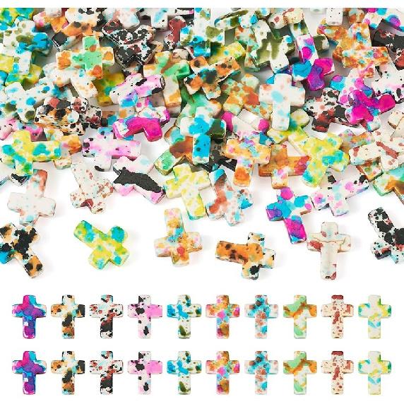 30 Pcs Gemstone Cross Beads Small Cross Crystal Stone Beads Turquoise Cross Beads Small Cross Crucifix Charms for Easter Holiday Bracelet Necklace