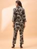 Flower Printed Shirt Collar Neck Top & Flared Trouser Co-Ords in Smoky Black Color
