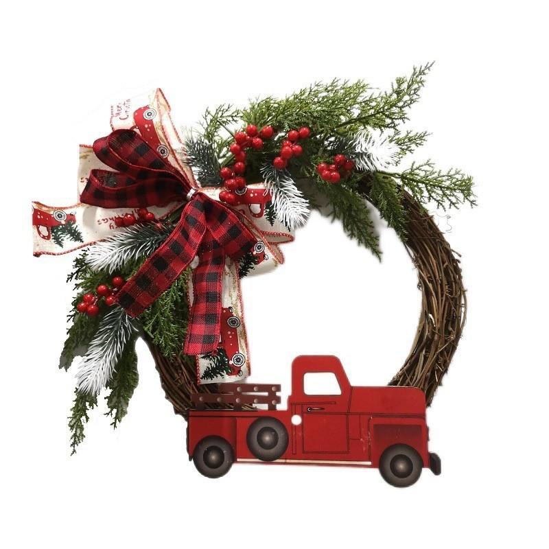 35cm Christmas Wreath with Red Truck, Handmade Front Door Christmas Garland, Xmas Pine Berry Wreath for Holiday Home Party Decor, Free Shipping