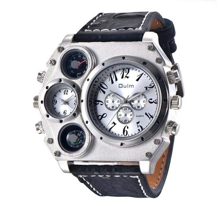 Oulm HP1349 Men's Sport Quartz Wristwatch Super Big Dial Decorative Compass Business Style Leather Band New Large Dial for Men