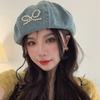 Washed denim beret sweet cool pearl bow bud hat female cute versatile face little painter hat