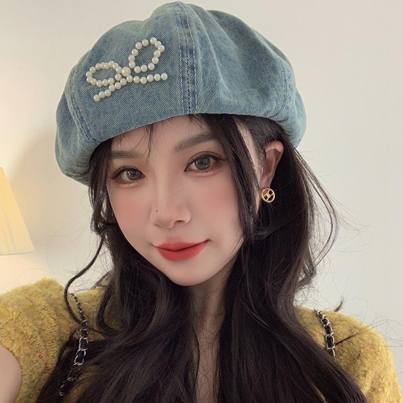 Washed denim beret sweet cool pearl bow bud hat female cute versatile face little painter hat