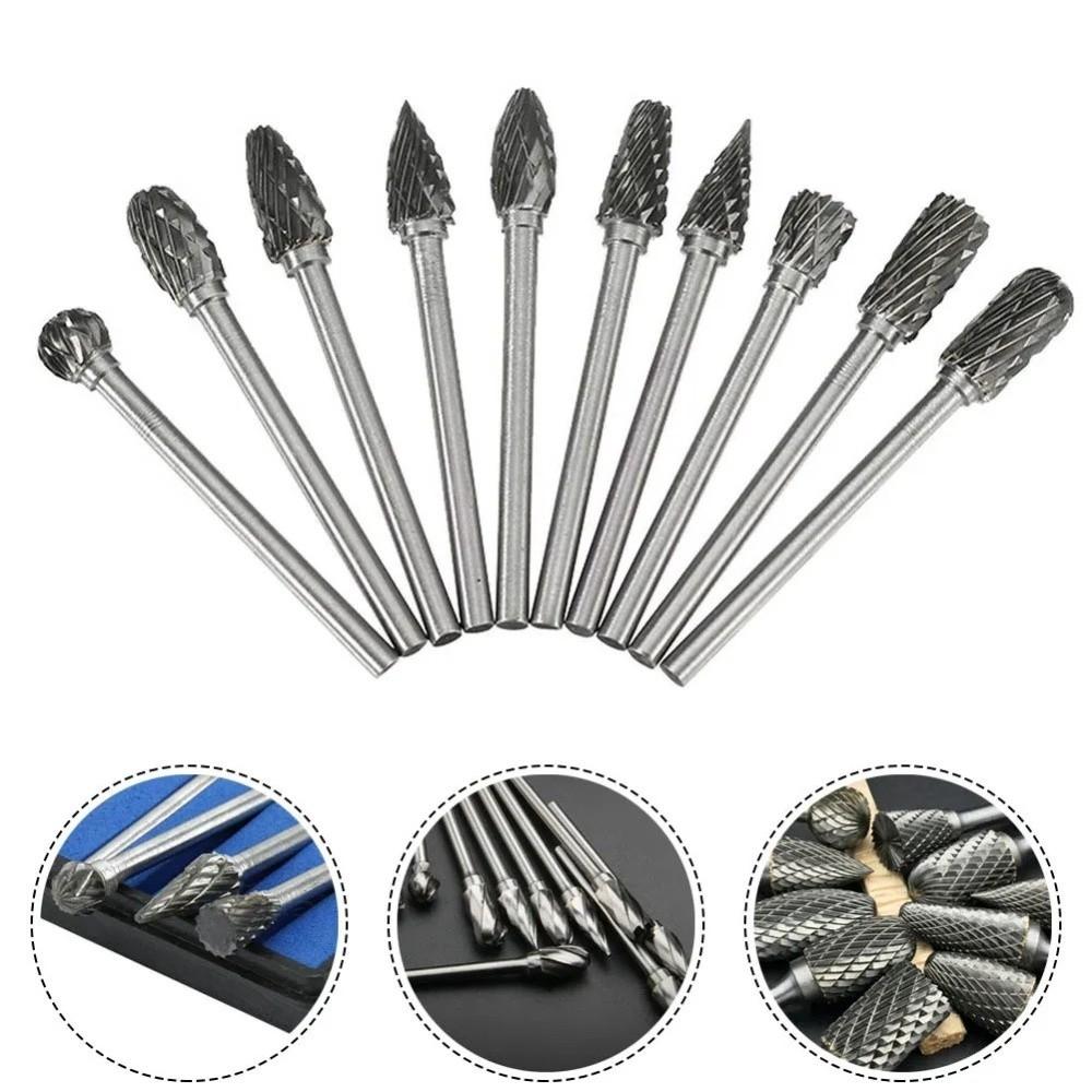10pcs/set Hard Zinc Zinc Alloy Rotary File 6mm Shank Grinding Head Drill Bit  Aluminum Processing